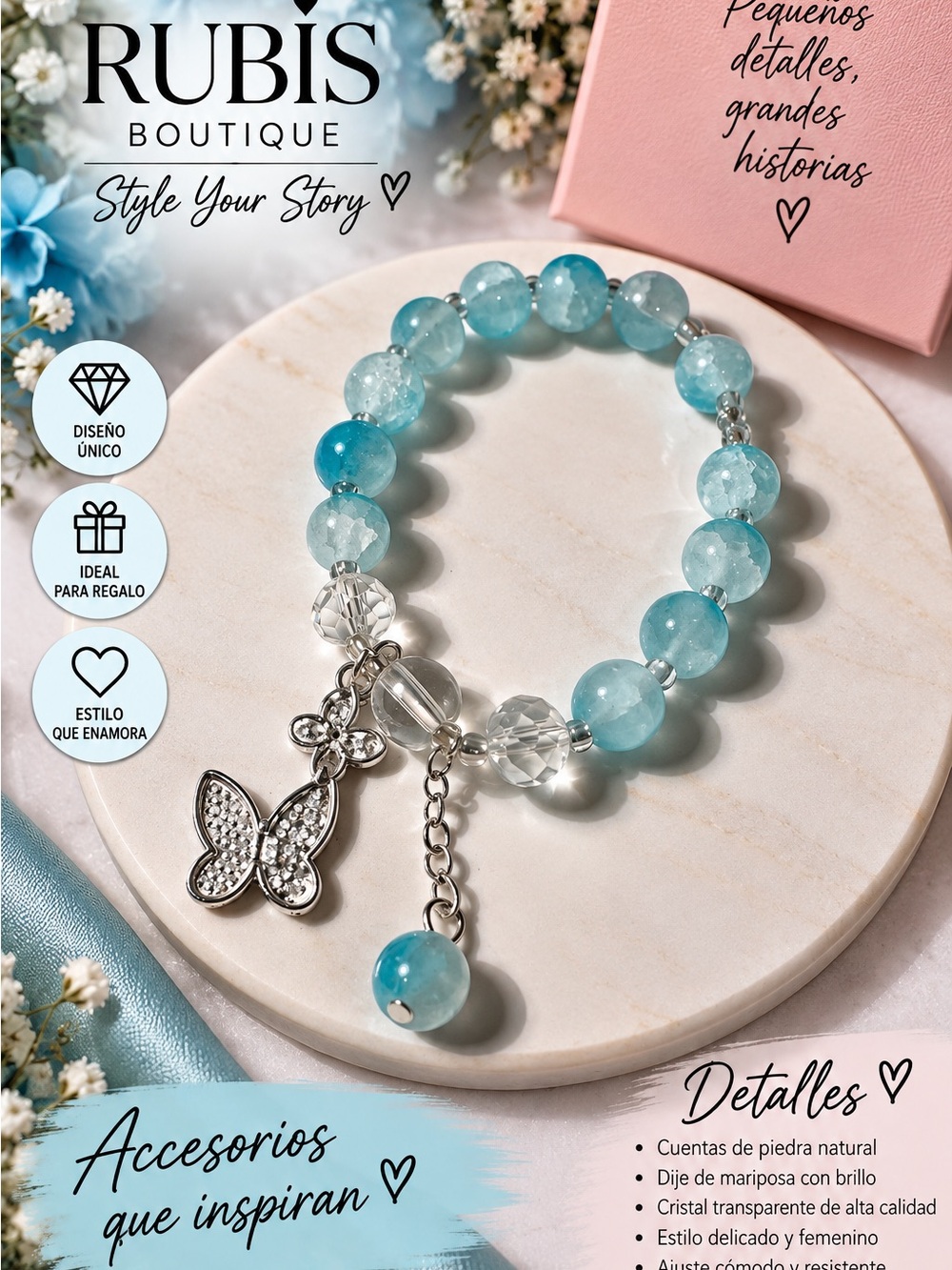 Aquamarine Beaded Bracelet with Butterfly Charm